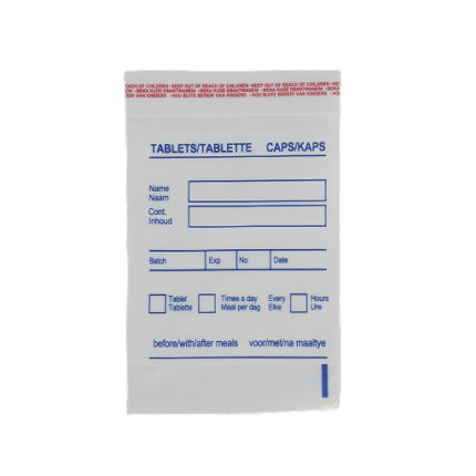 Medical Tablet  Printed Bag 75mm x 100mm  White - Blue Print